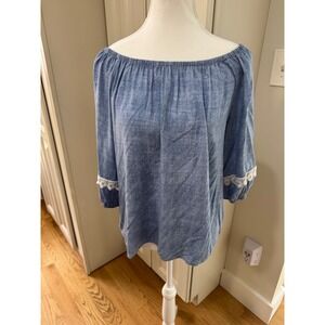 CeCe Blue Chambray Off The Shoulder Lace Trim 3/4‎ Sleeve Top Women's Size L